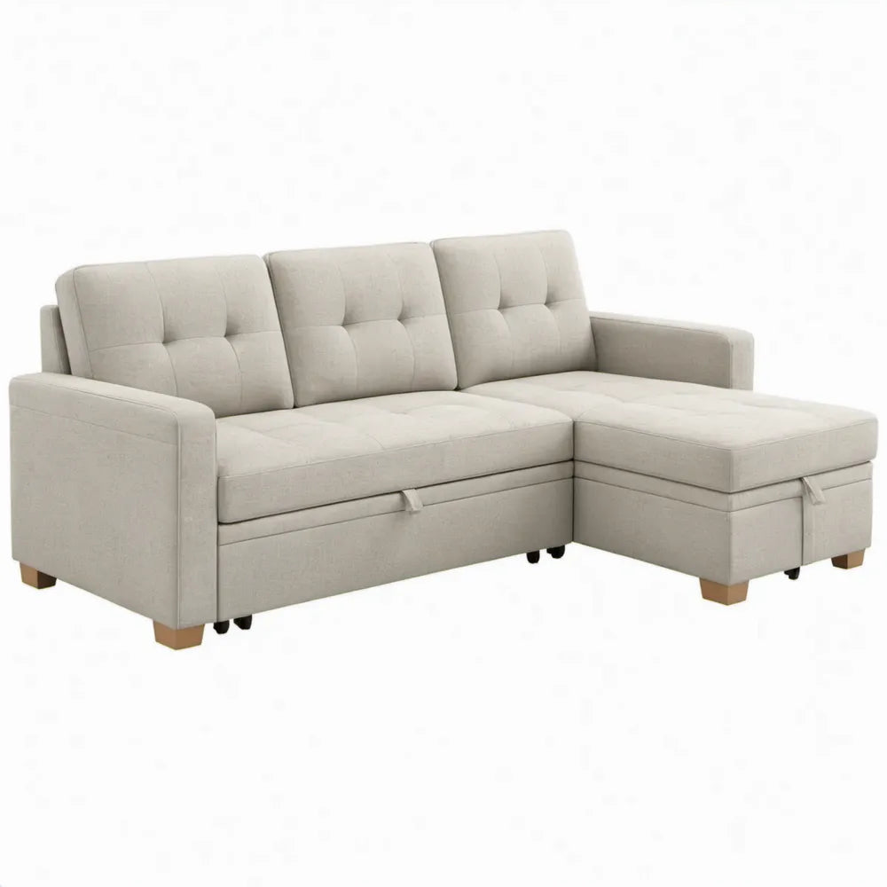 Beige hoekbank slaapbank met uitschuifbed, opbergruimte en rechter chaise longue, 223 x 140 x 85 cm