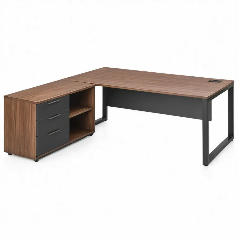 L-vormig hoekbureau 160 x 160 x 75 cm in walnootbruin met zwart metalen frame en 3 laden