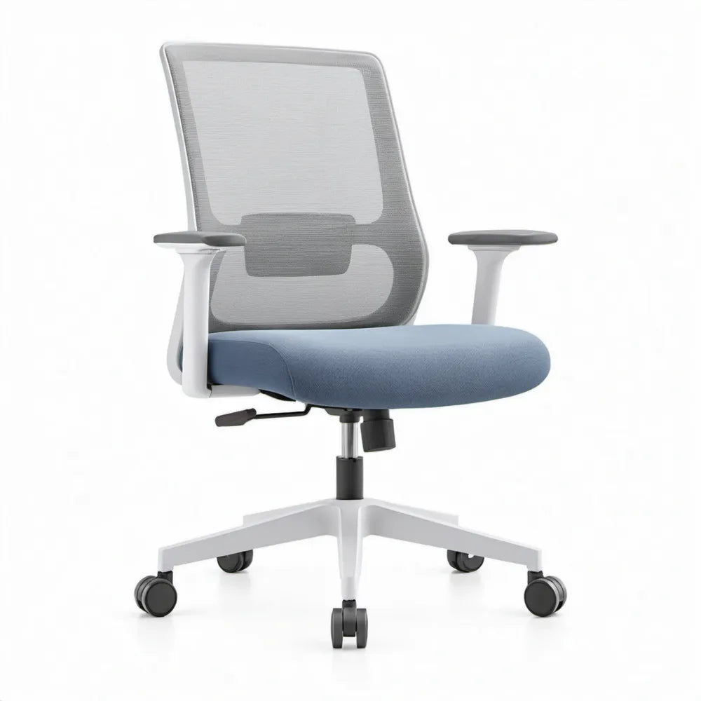 Ergonomische bureaustoel met armleuningen en lendensteun, blauw/grijs/wit/zwart, 64 x 64 x 96-106 cm