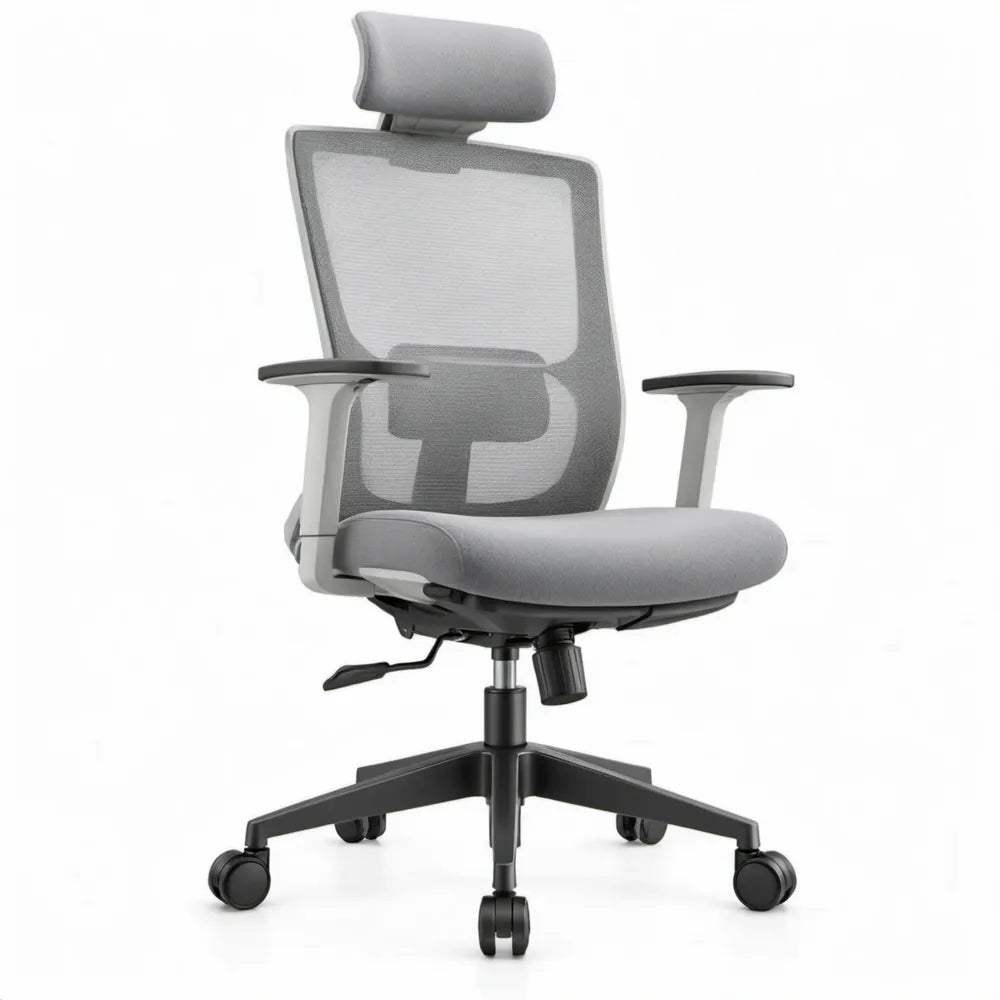 Ergonomische grijs-zwarte bureaustoel met verstelbare hoofdsteun en lendensteun, 65 x 65 x 116-126 cm