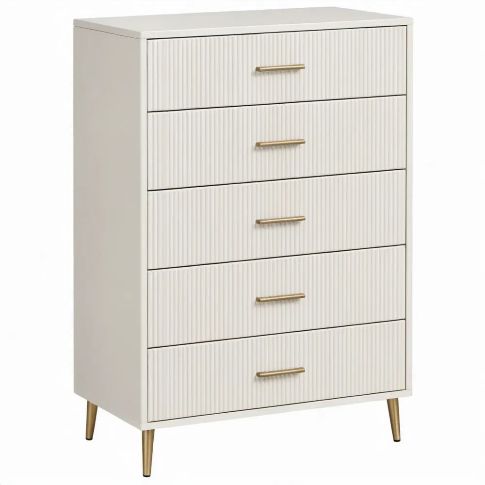 Witte ladekast met 5 laden, geribbelde fronten en goudkleurige details, 80 x 40 x 120 cm