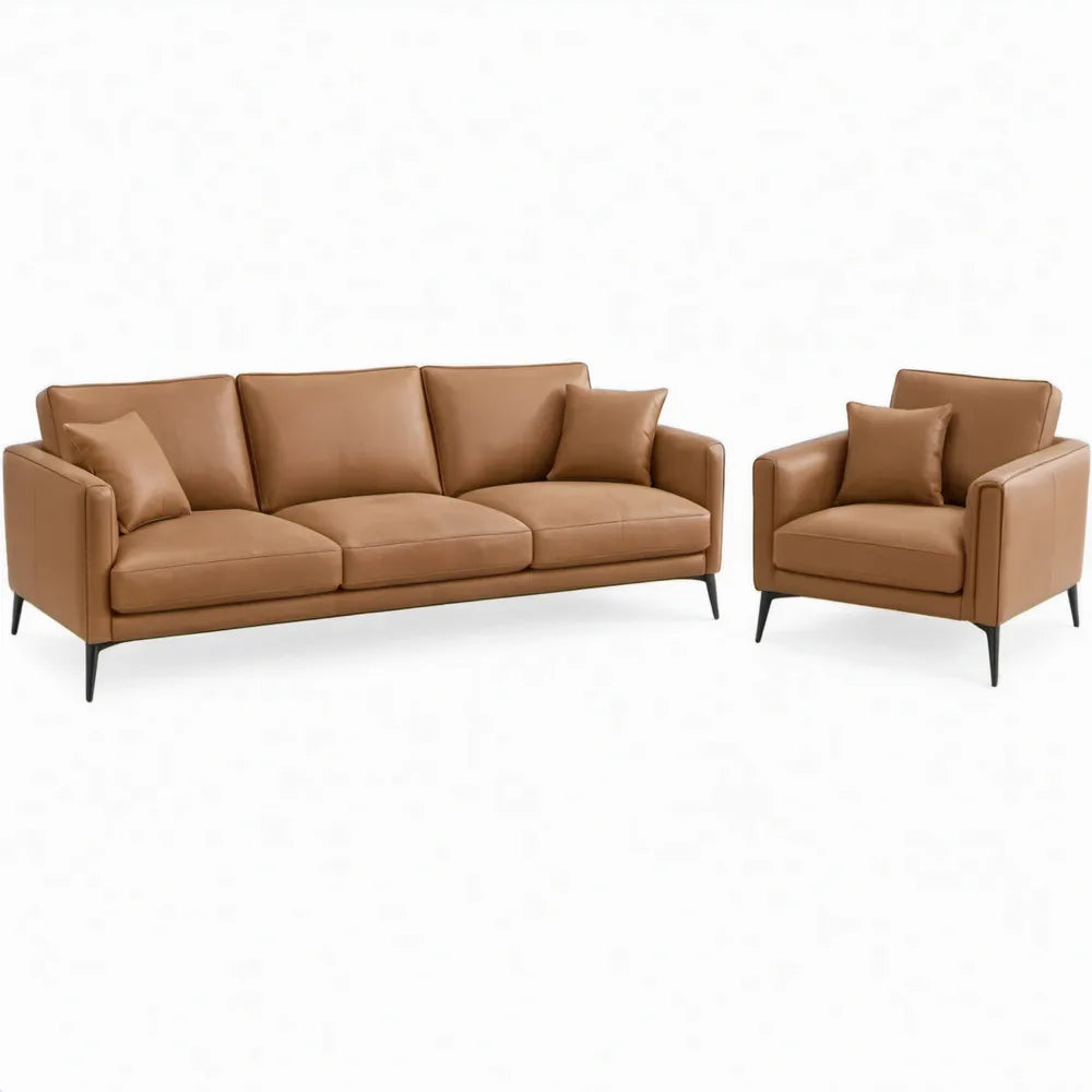 Cognackleurige PU-kunstleren 3-zitsbank met fauteuil, 210 x 88 x 85 cm en 92 x 88 x 85 cm