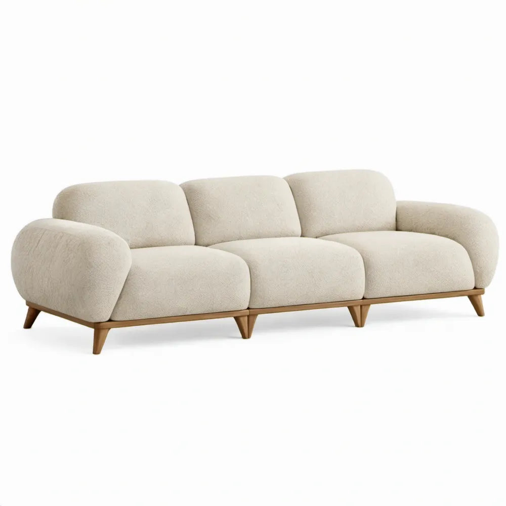 3-zitsbank met rechte vorm, 220 x 92 x 82 cm, crèmekleurige bouclé bekleding en naturelbruine houten poten