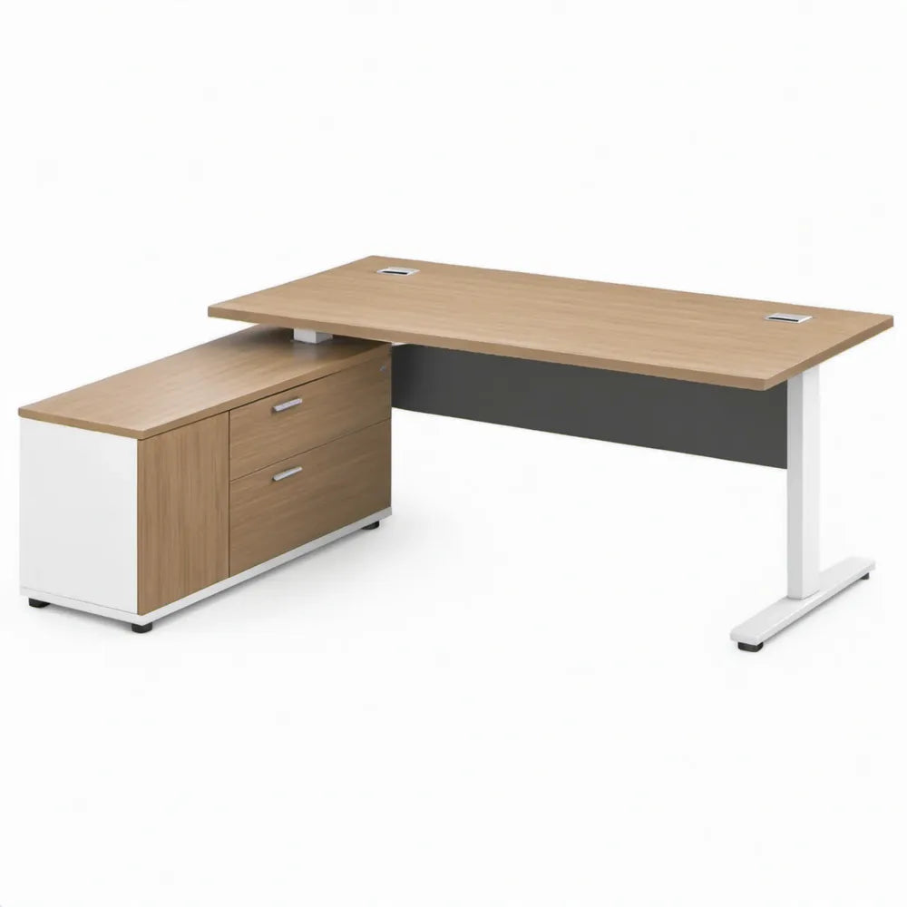L-vormig hoekbureau met ladeblok, 160 x 160 x 75 cm, eiken/wit/antraciet