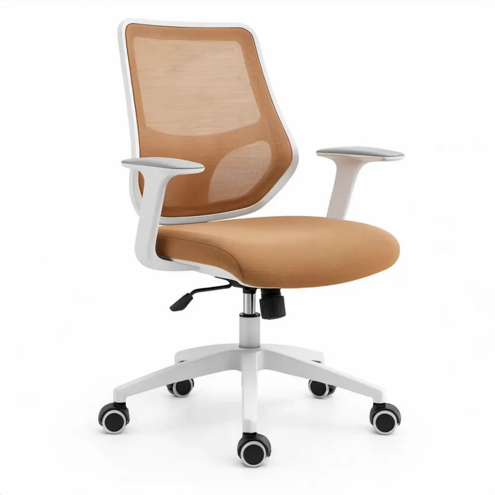 Ergonomische bureaustoel met vaste armleuningen, lendensteun en wielen – beige/wit – 63 x 63 x 94-104 cm