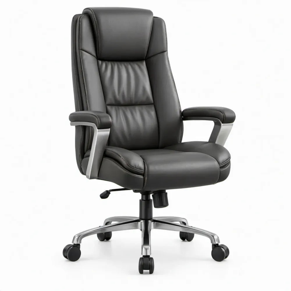 Ergonomische draaibare directiestoel van zwart PU-kunstleer met aluminium onderstel, 68 x 68 x 116-126 cm