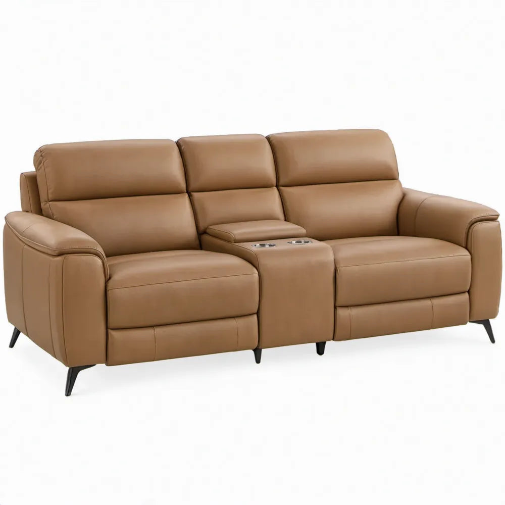 Camelbruine 3-zits relaxbank met middenconsole en bekerhouders, 210 x 95 x 102 cm