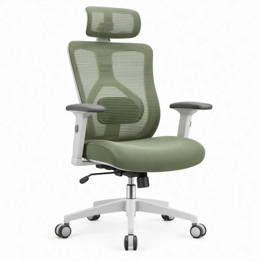 Ergonomische bureaustoel met verstelbare hoofdsteun en lendensteun, groen/wit/zwart, 64 x 64 x 116-126 cm