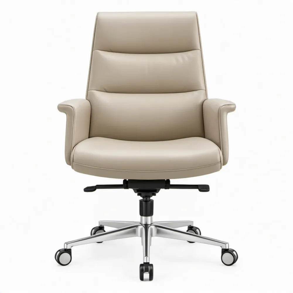 Ergonomische draaibare bureaustoel van beige PU-kunstleer met armleuningen, 65 x 65 x 113-121 cm