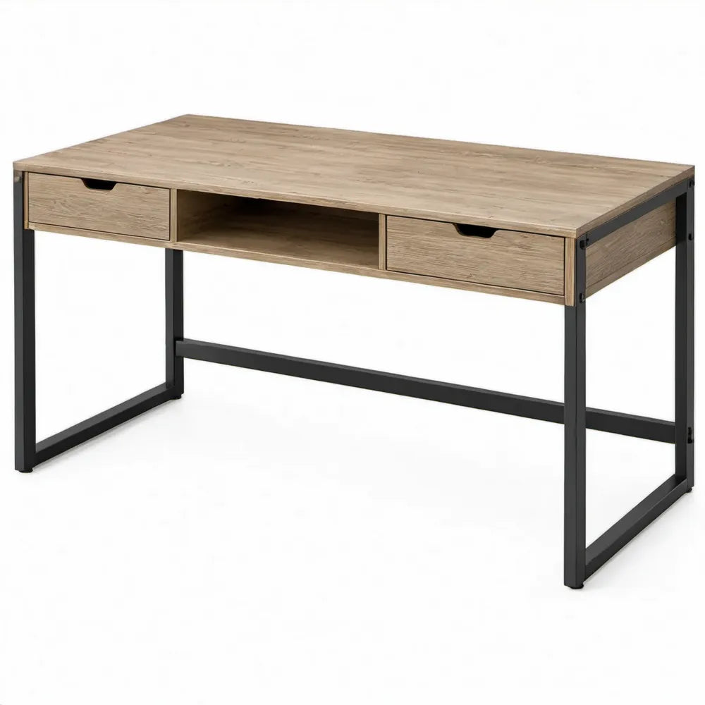 Industrieel bureau met 2 lades en open vak, 120 x 60 x 75 cm, licht eiken/zwart