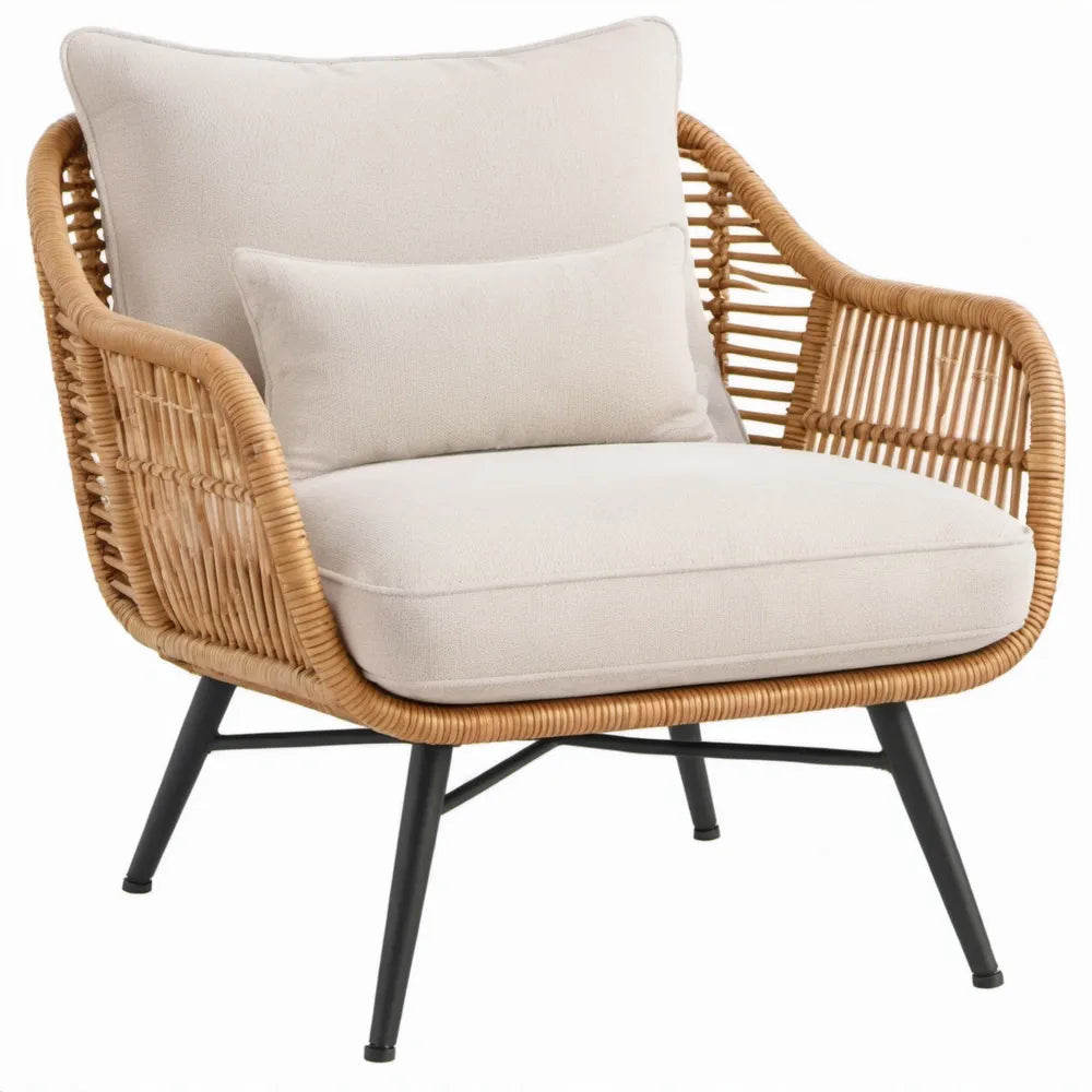 Rotan loungefauteuil met 2 beige kussens, 80 x 76 x 78 cm